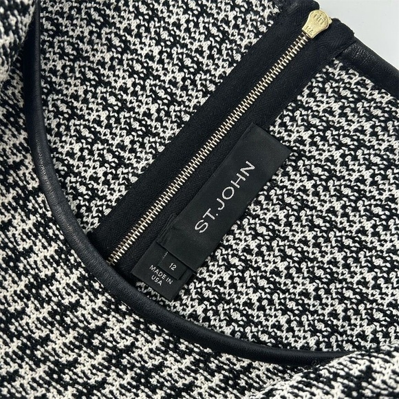 St. John Houndstooth Leather Trim Wool Shift Dress, size 12 - Picture 11 of 14